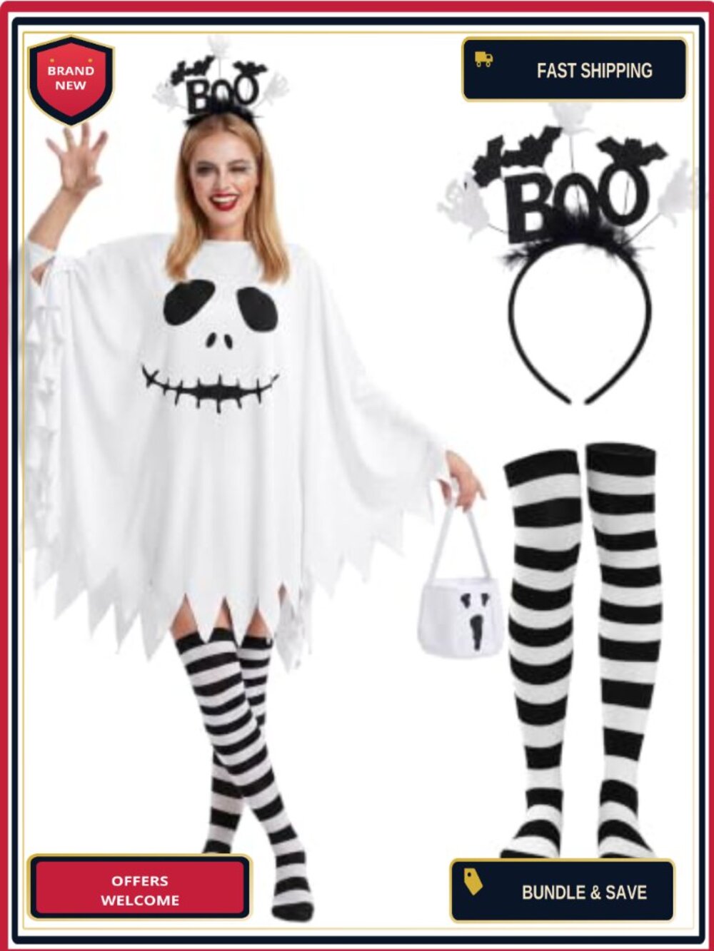 4 Pc Halloween Ghost Costume Set Poncho Headband Striped Stockings Candy Bag